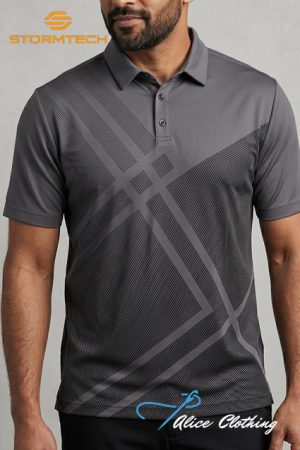 Man wearing a gray Stormtech polo with an abstract geometric pattern; Stormtech logo top left and Alice Clothing logo bottom right.