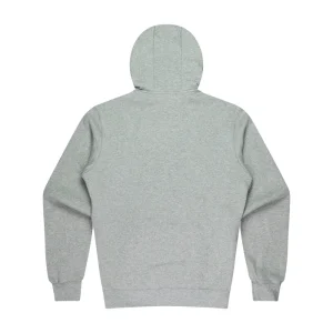 Light gray hoodie seen from the back with a hood and ribbed cuffs and waistband.