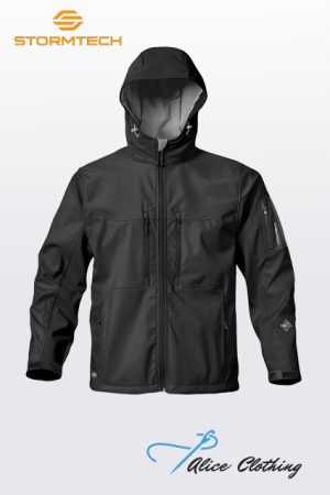 Black Stormtech waterproof hooded jacket with front zipper, multiple pockets, and zippered chest pockets; Stormtech logo top-left and Alice Clothing watermark bottom.