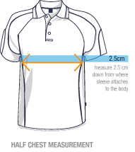 Illustration of a torso with a blue measuring tape wrapped around the chest to show chest circumference measurement, with orange arrows indicating the measurement.