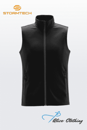 Black sleeveless zip vest with two zippered pockets on a light background; Stormtech logo top left and Alice Clothing logo bottom right.