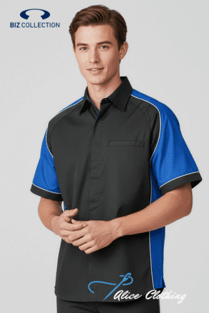 Male model wearing a black short-sleeve work shirt with blue side panels, white piping, and a chest pocket; Biz Collection logo in the top-left corner and Alice Clothing watermark bottom-right.