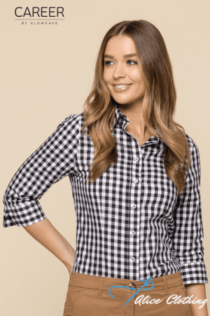 Woman in a black-and-white gingham button-down shirt and tan pants, posed against a beige background; CAREER by GLOWEAVE logo top left and Alice Clothing watermark bottom right.