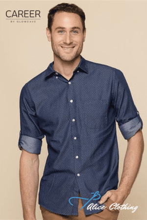 Smiling man in a navy blue dotted button-down shirt with rolled sleeves, standing against a beige background; Career by Glowwave and Alice Clothing logos visible.