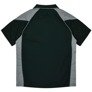 Back view of a black athletic shirt with gray side panels and light gray shoulder panels, short sleeves, no visible logos.