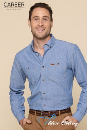Male model wearing a light blue button-down shirt with khaki pants, smiling, beige studio backdrop; Career by Gloweave and Alice Clothing logos visible.