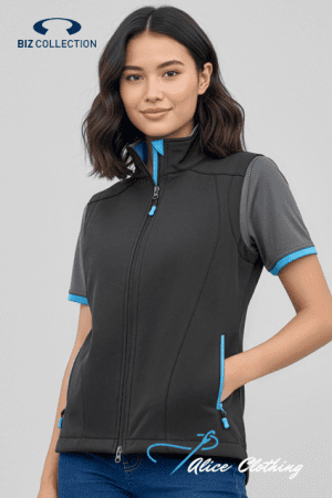 Female model wearing a dark gray zip-front athletic vest with blue trim and side pockets; Biz Collection logo top left and Alice Clothing watermark