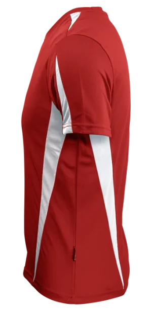 Side view of a red short-sleeve sports jersey with white panel accents along the torso and sleeve.