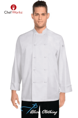 Male model wearing a white double-breasted chef jacket with long sleeves and folded cuffs, standing against a white background (ChefWorks logo in corner).