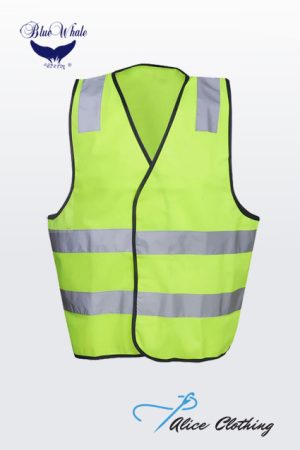 High-visibility neon yellow safety vest with two horizontal reflective bands and black trim.