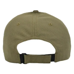 Back view of a tan adjustable baseball cap with a fabric strap and buckle