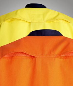 Back of a high-visibility safety jacket in yellow on top and orange on bottom with a dark collar visible at the neckline and pocket flaps in the orange section.
