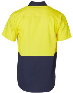 Back view of a color-block short-sleeve polo shirt: bright yellow top half and navy bottom half with a navy collar back detail