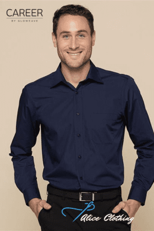 Smiling man in a navy button-down shirt tucked into black pants with a belt, standing against a beige background; logos read 'CAREER by GLOWEAVE' (top left) and 'Alice Clothing' with a blue swoosh (bottom right).