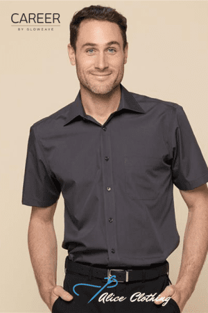 Male model wearing a dark short-sleeve button-down shirt, posing against a beige background; branding for Career by Gloweave and Alice Clothing visible.