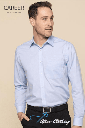 Man wearing a light blue dress shirt, standing against a beige background; 'Career by Gloweave' logo top-left and 'Alice Clothing' logo bottom.