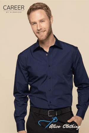Male model wearing a navy button-up shirt with a black belt, posing against a beige background; Career by Gloweave logo top left and Alice Clothing watermark bottom right.