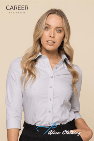 Model wearing a light gray button-down shirt against a beige background; Alice Clothing branding visible at the bottom left.