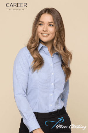 Smiling woman with wavy hair in a light blue button-down shirt, beige background; Career by Glowweave top-left and Alice Clothing bottom-right logos visible.