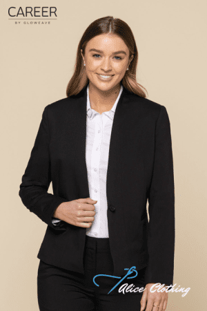 Smiling woman in a black blazer and white shirt posing against beige background; CAREER by GLOWEAVE logo upper left and Alice Clothing signature lower right.