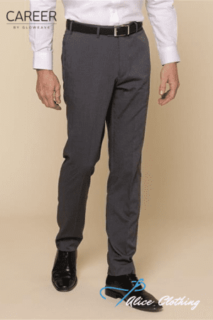 Man wearing gray dress pants with a black belt and black shoes, standing against a beige background; logos for Career by Glowave and Alice Clothing appear in the frame.