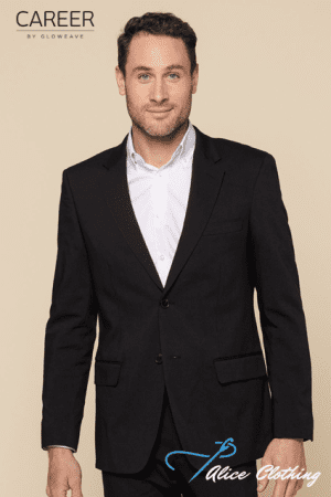 Professional man in a black suit and white shirt posing against a beige background; branding logos appear at top left (Career by Gloweave) and bottom right (Alice Clothing).