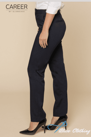 Side view of a person modeling navy straight-leg trousers with black high heels against a beige background; CAREER by GLOWEAVE branding visible in the top-left corner.