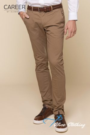 Man wearing tan chinos with a brown belt and brown sneakers, standing with one hand in his pocket; white shirt tucked in. Branding visible: CAREER by GLOWE and Alice Clothing.