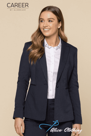 Professional woman in a navy blazer and white button-down shirt, smiling against a beige background; Career by Gloweave branding in the corner.