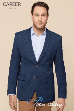 Male model wearing a blue blazer over a light blue shirt, standing against a beige background; CAREER by Gloweave logo top left and Alice Clothing logo bottom.
