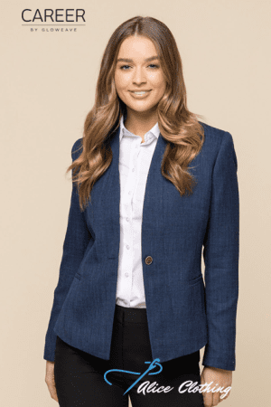 Professional woman in a blue blazer, white shirt, and black pants posing against a beige background; visible brand logos for Career by Gloweave and Alice Clothing.