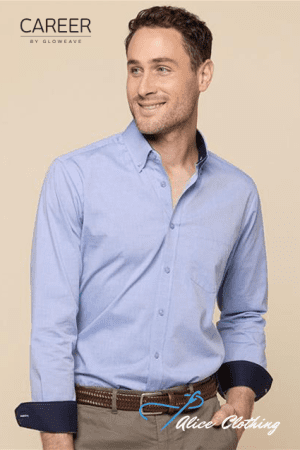 Male model wearing a light blue button-down shirt and khaki pants with a brown belt; Career by Gloweave and Alice Clothing logos visible.