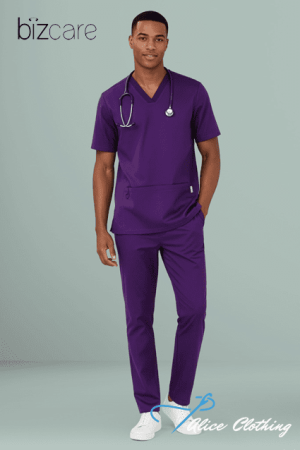 Male model in purple medical scrubs with stethoscope, standing against a pale green background; Bizcare logo at top left.