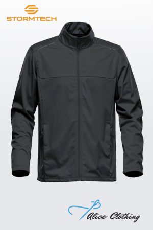 Dark gray Stormtech windbreaker jacket with full zipper and stand collar, shown on a neutral gradient background; Stormtech logo top left and Alice Clothing logo bottom.