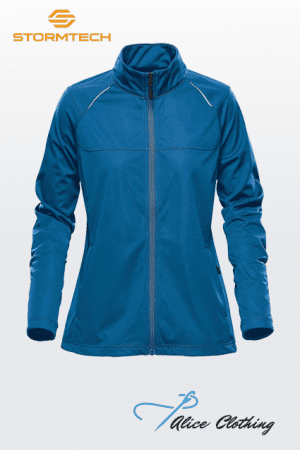 Blue zip-up jacket with a stand-up collar; Stormtech logo in the top-left and Alice Clothing watermark bottom-right.