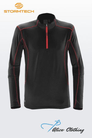 Front view of a black athletic pullover with red piping and half-zip, featuring Stormtech logo top left and Alice Clothing logo bottom right.