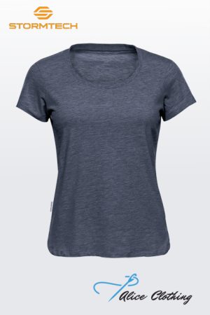 Heathered blue short-sleeve T-shirt front view on a light gradient background; Stormtech logo top-left, Alice Clothing bottom-right.