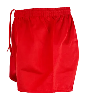 Red shorts with an elastic waistband and matching drawstring.