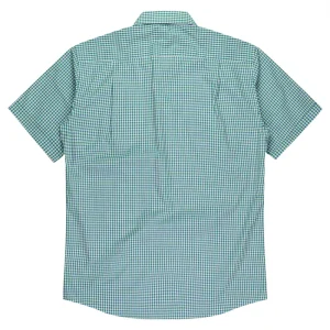 Back view of a green-and-white gingham short-sleeve shirt.