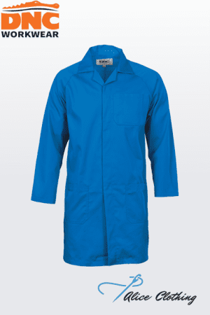 Blue lab coat with chest pocket and two lower pockets, front closure. (DNC Workwear)