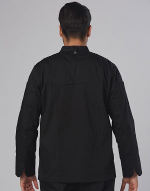 Back view of a person wearing a black jacket with a stand-up collar, seen from behind against a gray background.