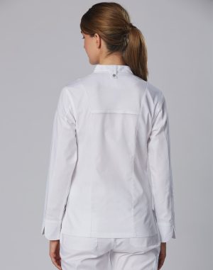 Back view of a person wearing a white lab coat and pants, hair in a ponytail, neutral background.
