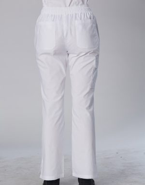 Back view of white pants with an elastic waistband and large rear pockets, plus a side cargo pocket visible on the right leg.