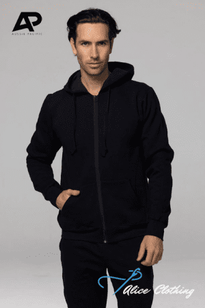 Male model wearing a black zip-up hoodie and matching pants in a studio; AP logo top-left, Alice Clothing logo bottom-right.