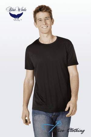 Man wearing a plain black T-shirt, smiling; Blue Whale logo at top-left and Whale Clothing watermark bottom-right.