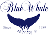 BlueWhale logo: blue whale tail silhouette with the word'BlueWhale' in cursive above.