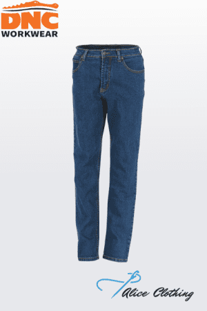 Blue denim jeans, front view, with belt loops and pockets, on a light gradient background. I