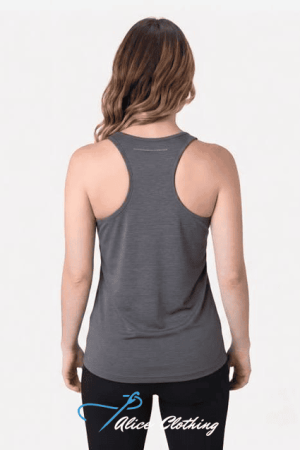Back view of a person wearing a dark gray racerback tank top, hair down, against a white background; clothing brand logo near the bottom reads 'Alice Clothing'.