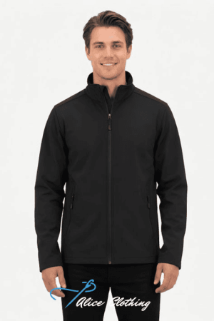 Man modeling a black zip-up jacket, front view, neutral background with 'Alice Clothing' logo at the bottom.