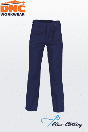 Pair of navy blue work pants shown full-length with belt loops and zip fly; DNC Workwear logo upper left and Alice Clothing logo lower right.